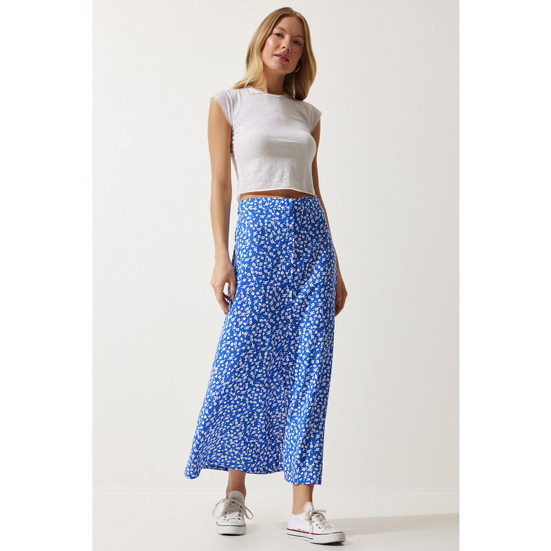 Happiness İstanbul Women's Blue Patterned Slit Viscose Skirt