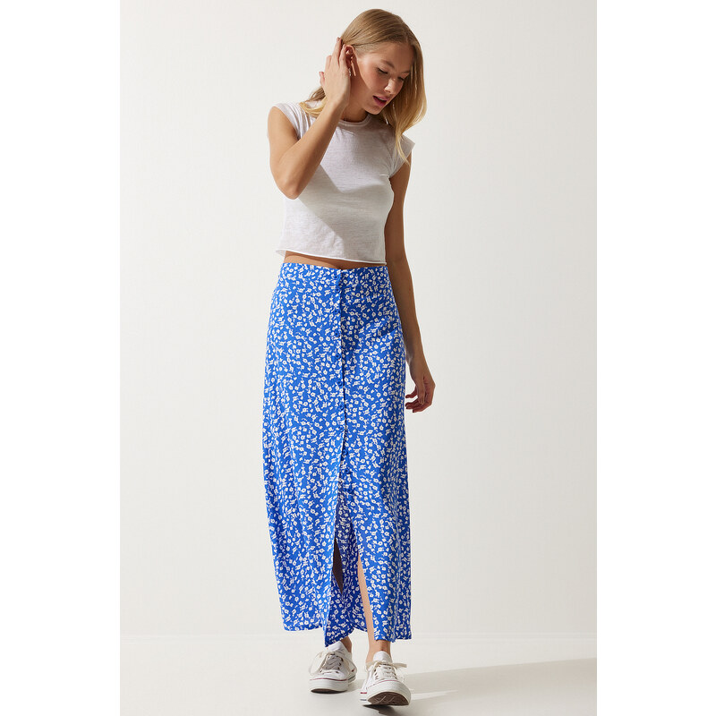 Happiness İstanbul Women's Blue Patterned Slit Viscose Skirt