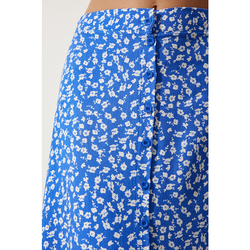 Happiness İstanbul Women's Blue Patterned Slit Viscose Skirt