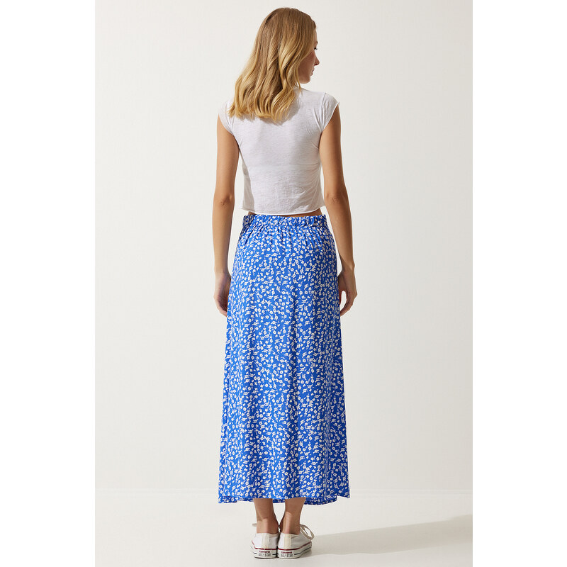 Happiness İstanbul Women's Blue Patterned Slit Viscose Skirt