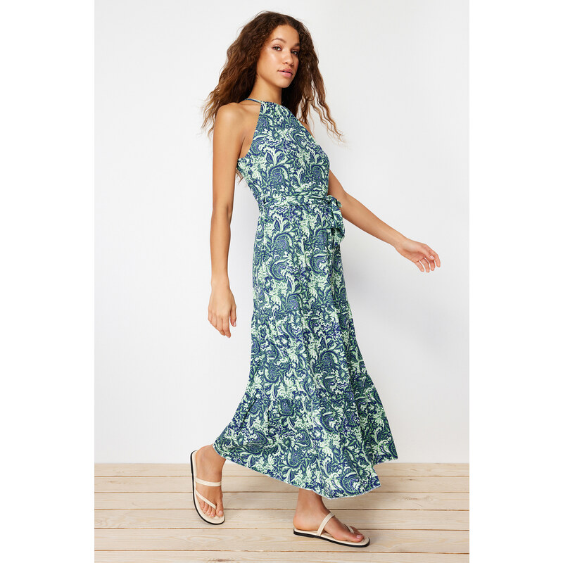 Trendyol Green Printed Skater/Water Open Halter Neck Ribbed Elastic Knitted Maxi Dress