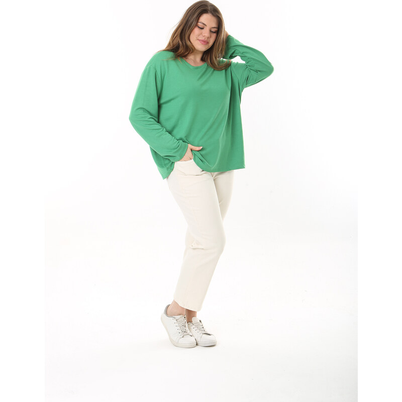 Şans Women's Plus Size Green Crew Neck Long Sleeve Blouse