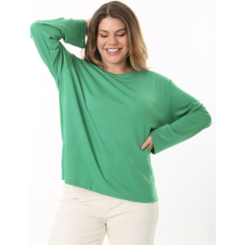 Şans Women's Plus Size Green Crew Neck Long Sleeve Blouse