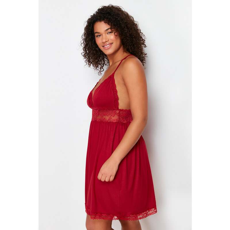 Trendyol Curve Burgundy Lace and Back Detailed Knitted Nightshirt