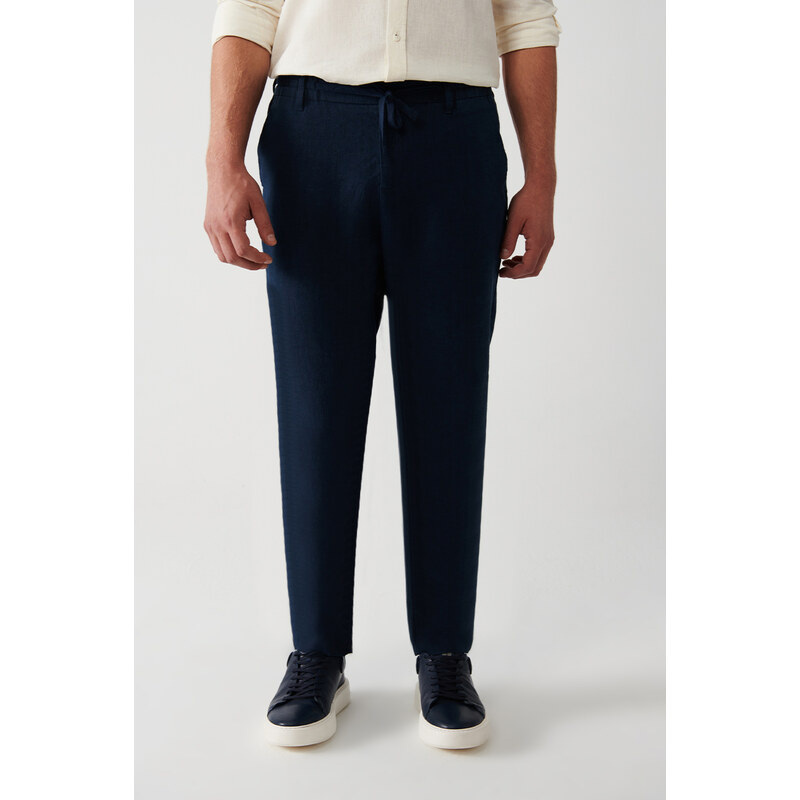 Avva Men's Navy Blue 100% Linen Side Pocket Relaxed Fit Comfortable Cut Trousers