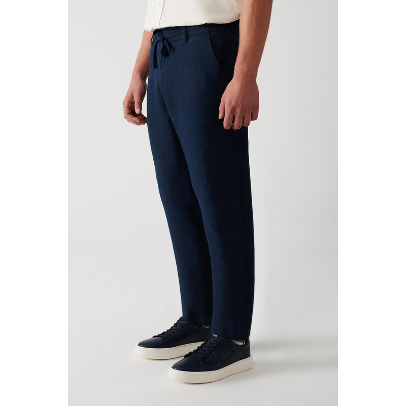 Avva Men's Navy Blue 100% Linen Side Pocket Relaxed Fit Comfortable Cut Trousers