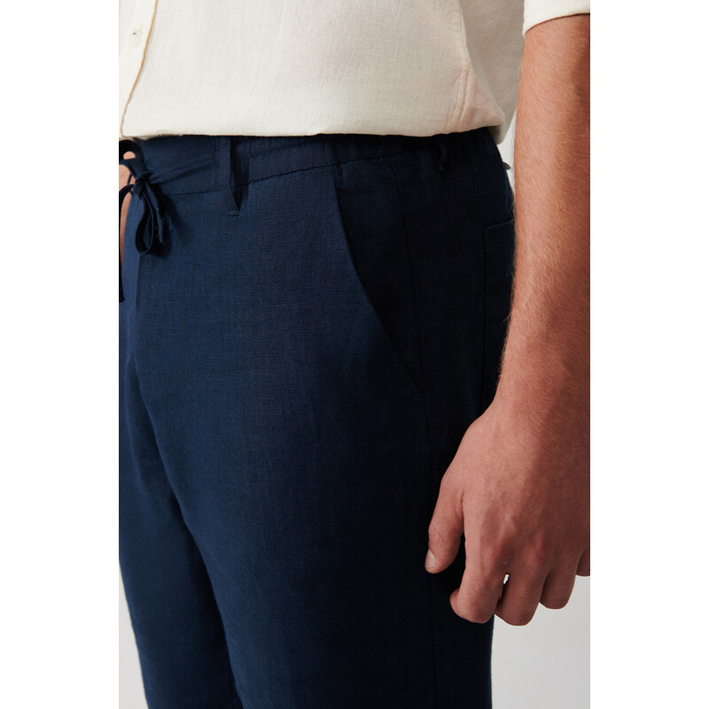 Avva Men's Navy Blue 100% Linen Side Pocket Relaxed Fit Comfortable Cut Trousers