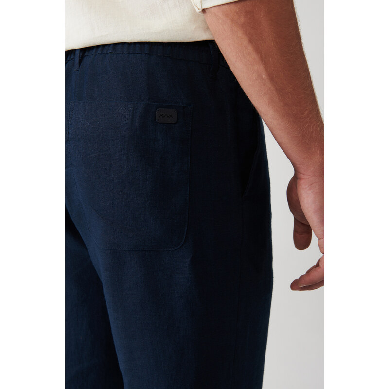 Avva Men's Navy Blue 100% Linen Side Pocket Relaxed Fit Comfortable Cut Trousers