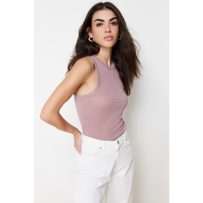 Trendyol Pink Foil/Shiny Fabric Halter Neck Ribbed Elastic Knitted Undershirt