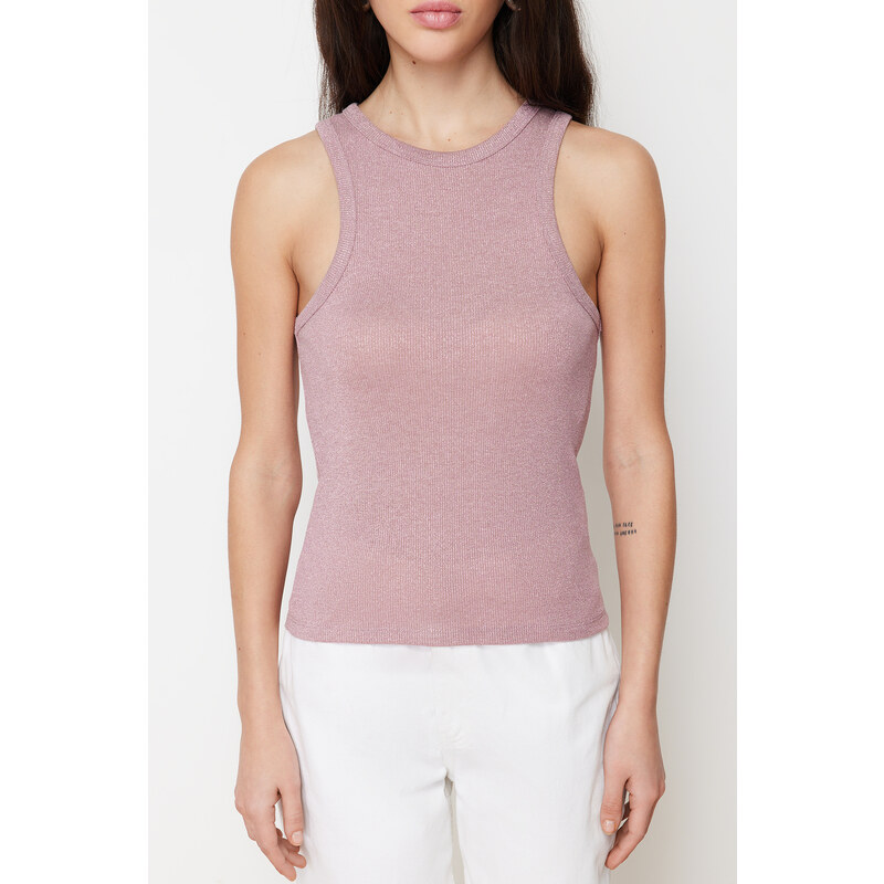 Trendyol Pink Foil/Shiny Fabric Halter Neck Ribbed Elastic Knitted Undershirt