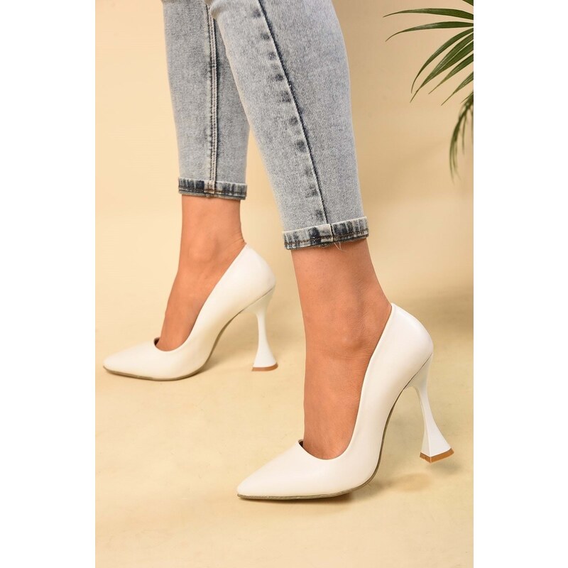Shoeberry Women's Nupia White Skin Classic Heeled Shoes