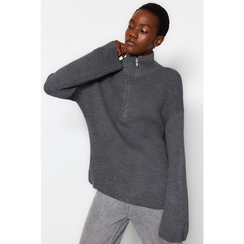 Trendyol Anthracite Wide Pattern Zippered High Collar Knitwear Sweater