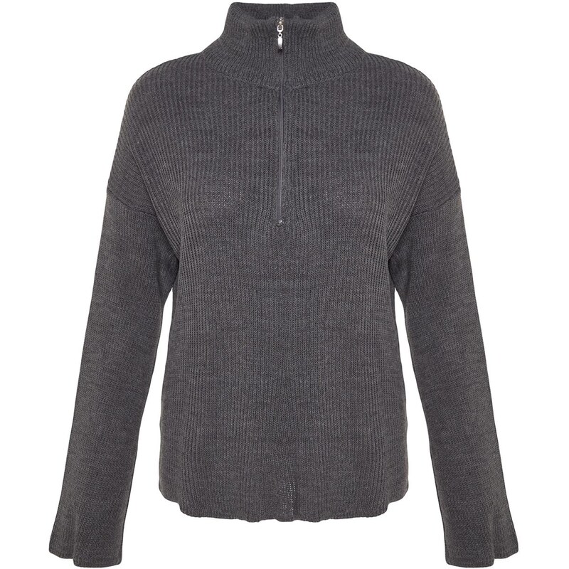 Trendyol Anthracite Wide Pattern Zippered High Collar Knitwear Sweater