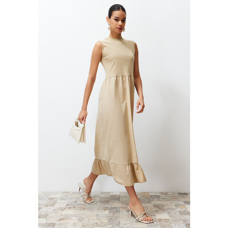 Trendyol Beige Sleeveless Skirt Ruffle Single Jersey-Poplin Knitted Lingerie Dress