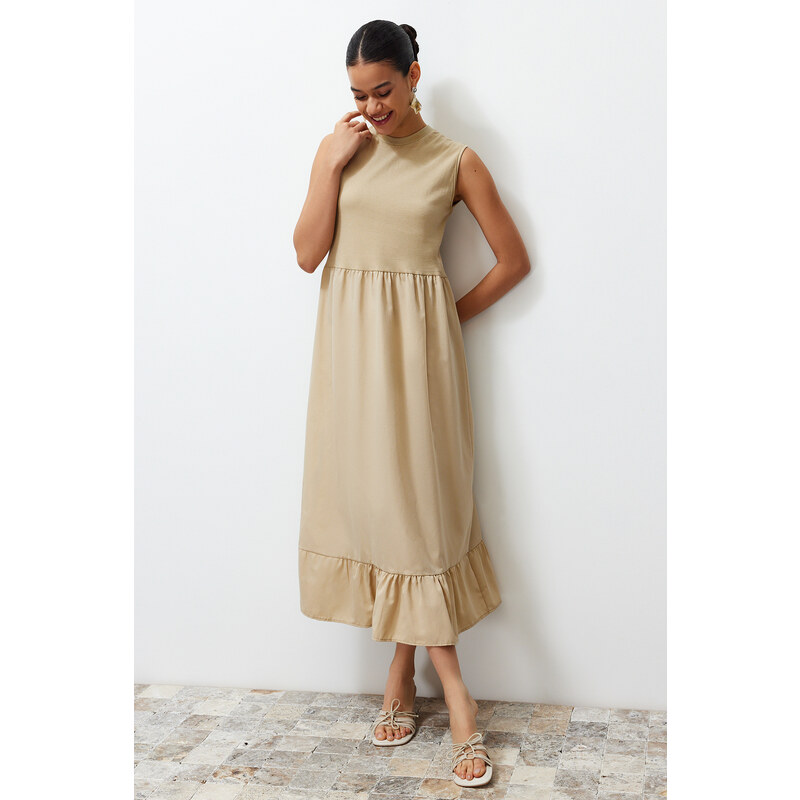 Trendyol Beige Sleeveless Skirt Ruffle Single Jersey-Poplin Knitted Lingerie Dress