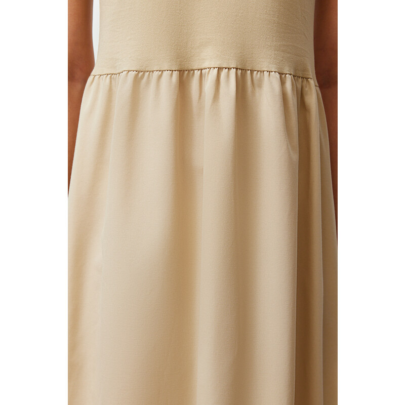 Trendyol Beige Sleeveless Skirt Ruffle Single Jersey-Poplin Knitted Lingerie Dress