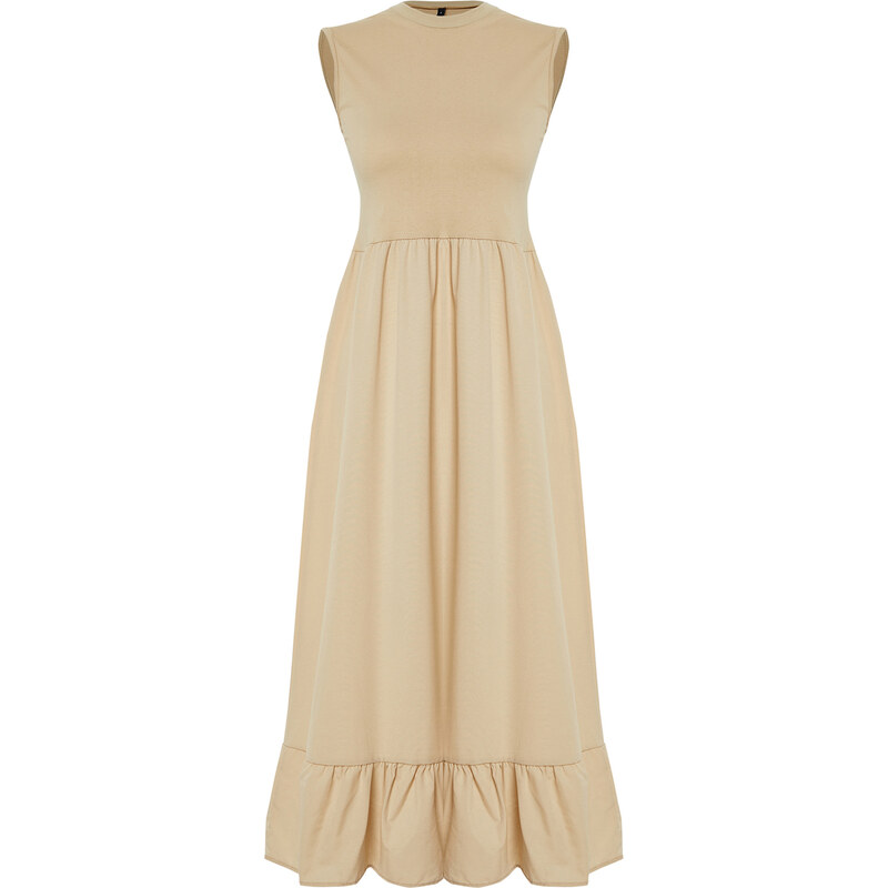 Trendyol Beige Sleeveless Skirt Ruffle Single Jersey-Poplin Knitted Lingerie Dress