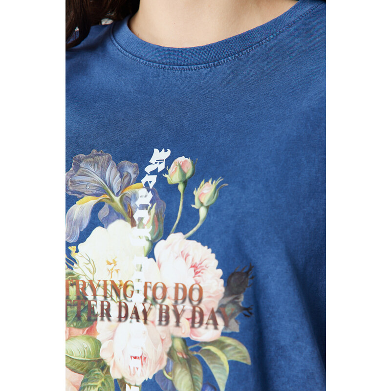 Trendyol Indigo 100% Cotton Printed and Faded Effect Oversize/Comfortable Fit Knitted T-Shirt