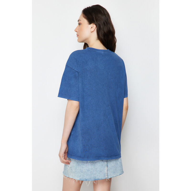 Trendyol Indigo 100% Cotton Printed and Faded Effect Oversize/Comfortable Fit Knitted T-Shirt