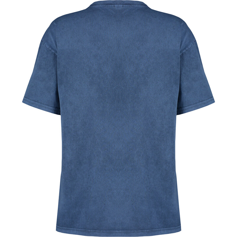 Trendyol Indigo 100% Cotton Printed and Faded Effect Oversize/Comfortable Fit Knitted T-Shirt