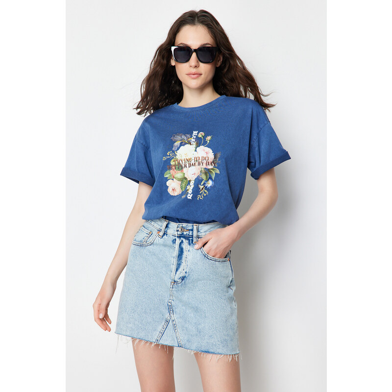 Trendyol Indigo 100% Cotton Printed and Faded Effect Oversize/Comfortable Fit Knitted T-Shirt