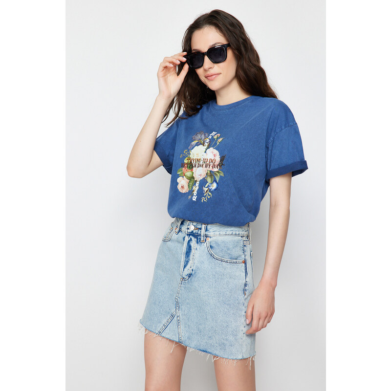 Trendyol Indigo 100% Cotton Printed and Faded Effect Oversize/Comfortable Fit Knitted T-Shirt