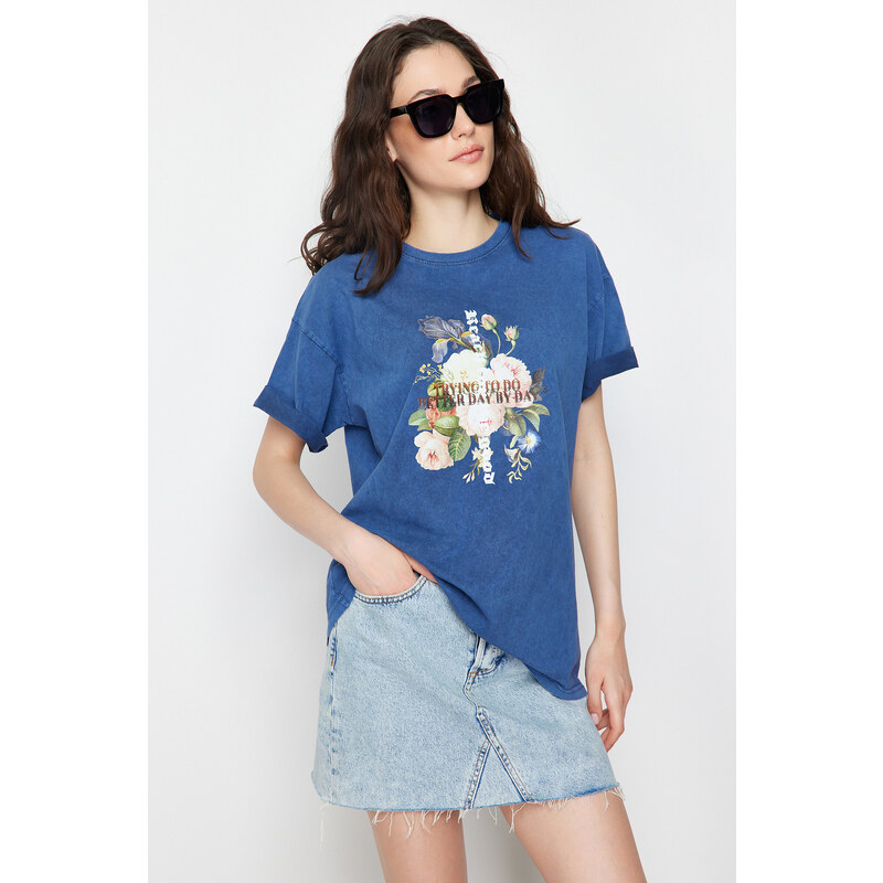 Trendyol Indigo 100% Cotton Printed and Faded Effect Oversize/Comfortable Fit Knitted T-Shirt