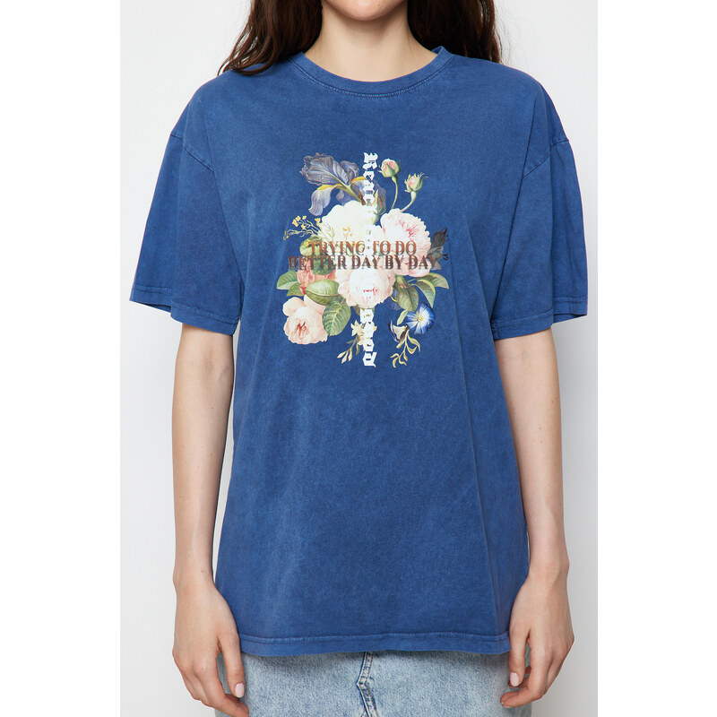 Trendyol Indigo 100% Cotton Printed and Faded Effect Oversize/Comfortable Fit Knitted T-Shirt