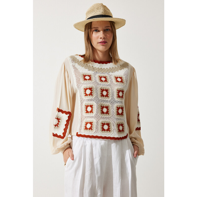 Happiness İstanbul Women's Cream Embroidered Woven Blouse