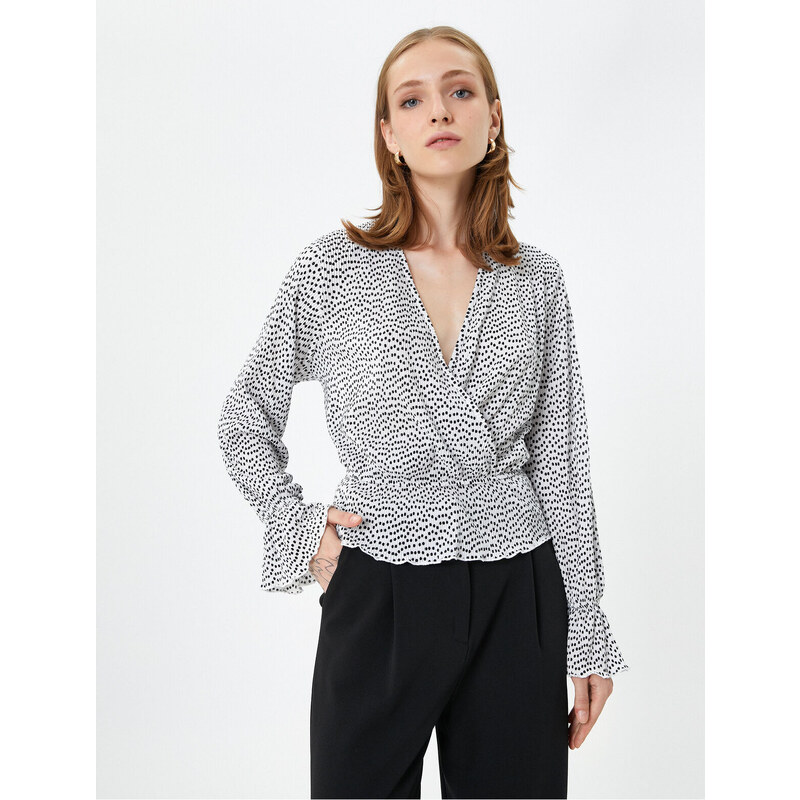 Koton Long Sleeve Blouse Pleated V-Neck with Ruffle Detailed.
