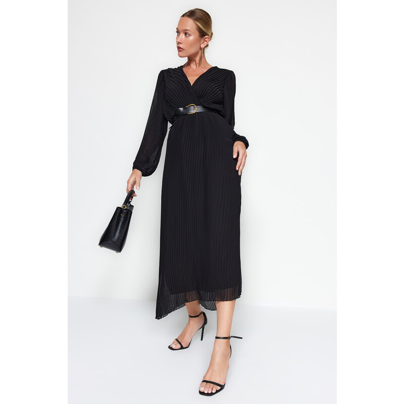 Trendyol Black Belted A-Line Pleated Maxi Lined Chiffon Woven Dress