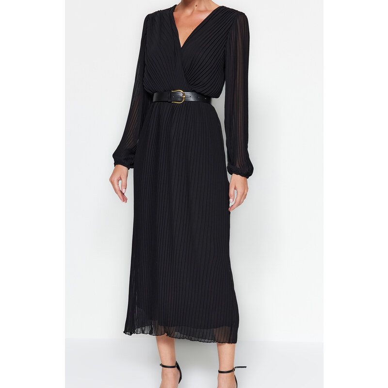 Trendyol Black Belted A-Line Pleated Maxi Lined Chiffon Woven Dress