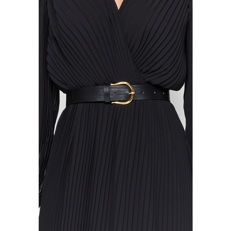 Trendyol Black Belted A-Line Pleated Maxi Lined Chiffon Woven Dress
