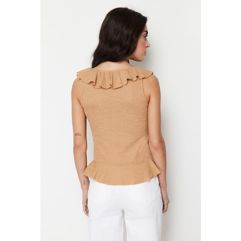 Trendyol Mink Flounced Textured Regular/Regular Fit V-Neck Stretch Knitted Blouse