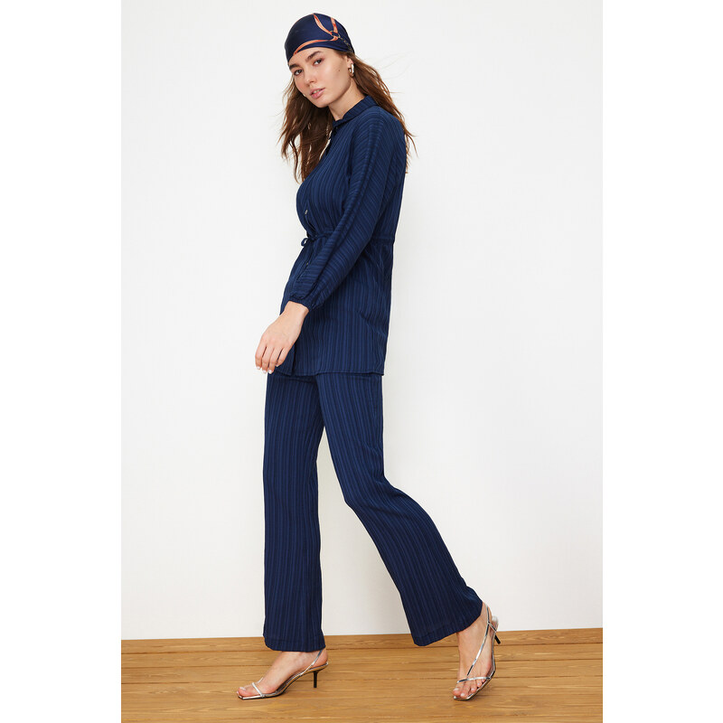 Trendyol Navy Blue Crinkle Shirt Trousers Woven Bottom Top Set