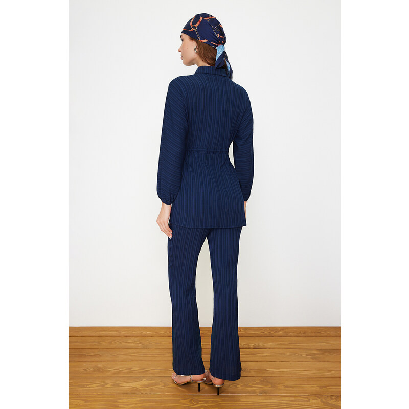 Trendyol Navy Blue Crinkle Shirt Trousers Woven Bottom Top Set