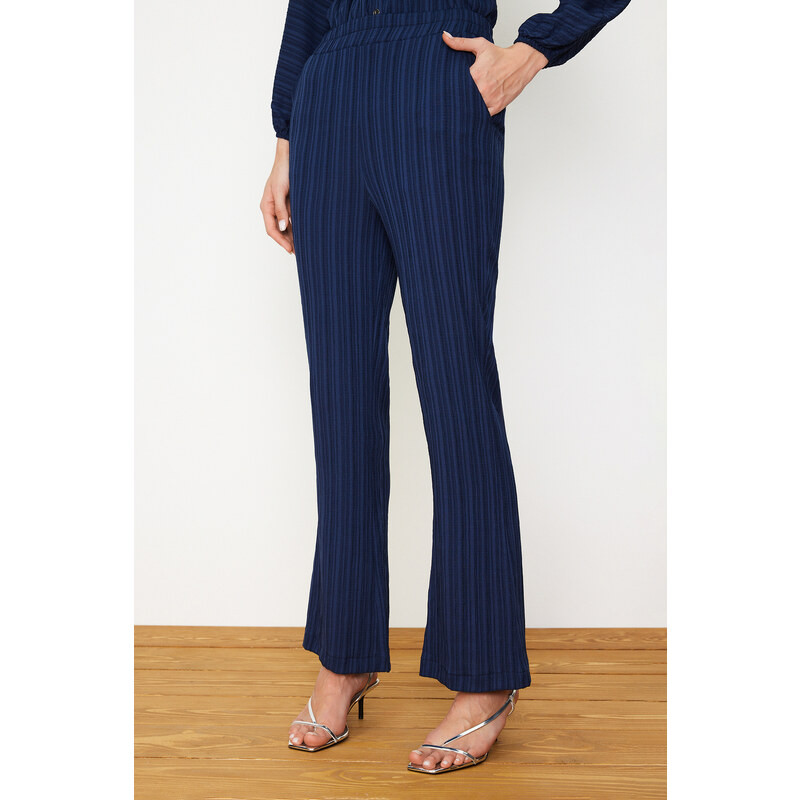 Trendyol Navy Blue Crinkle Shirt Trousers Woven Bottom Top Set