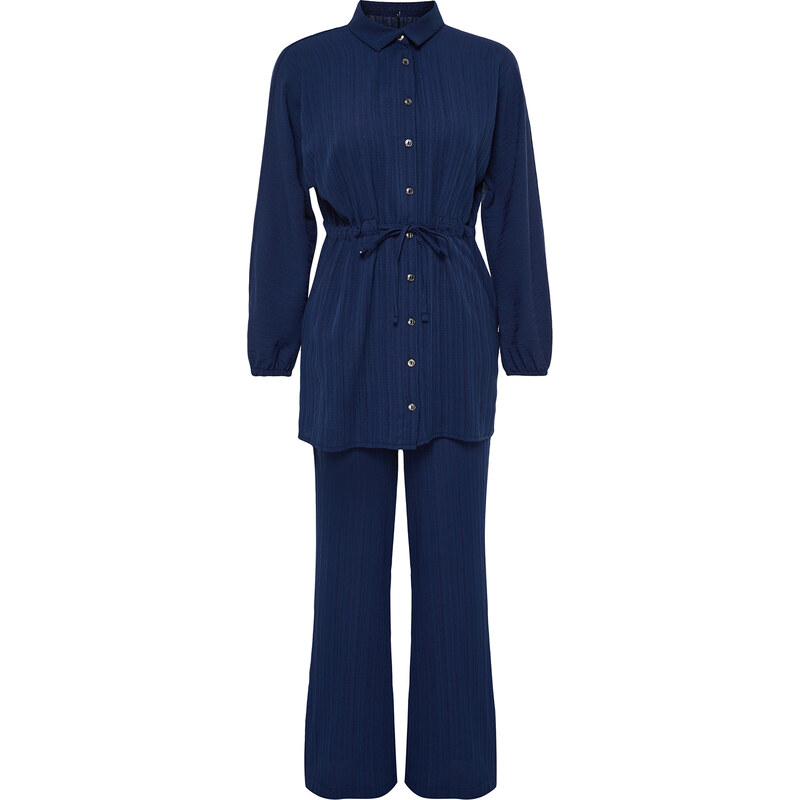 Trendyol Navy Blue Crinkle Shirt Trousers Woven Bottom Top Set