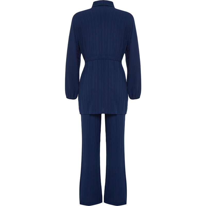 Trendyol Navy Blue Crinkle Shirt Trousers Woven Bottom Top Set