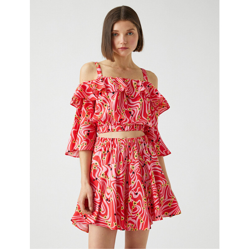 Koton Patterned Crop Top Ruffle Off Shoulders