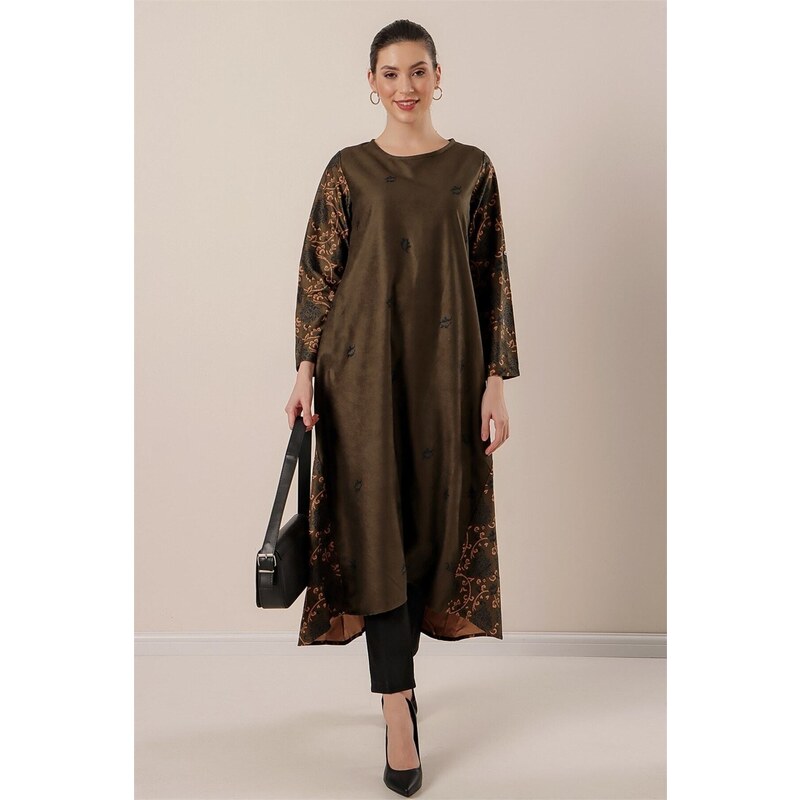 By Saygı Short Front, Long Back Patterned Oversize Sanded Suede Dress Khaki