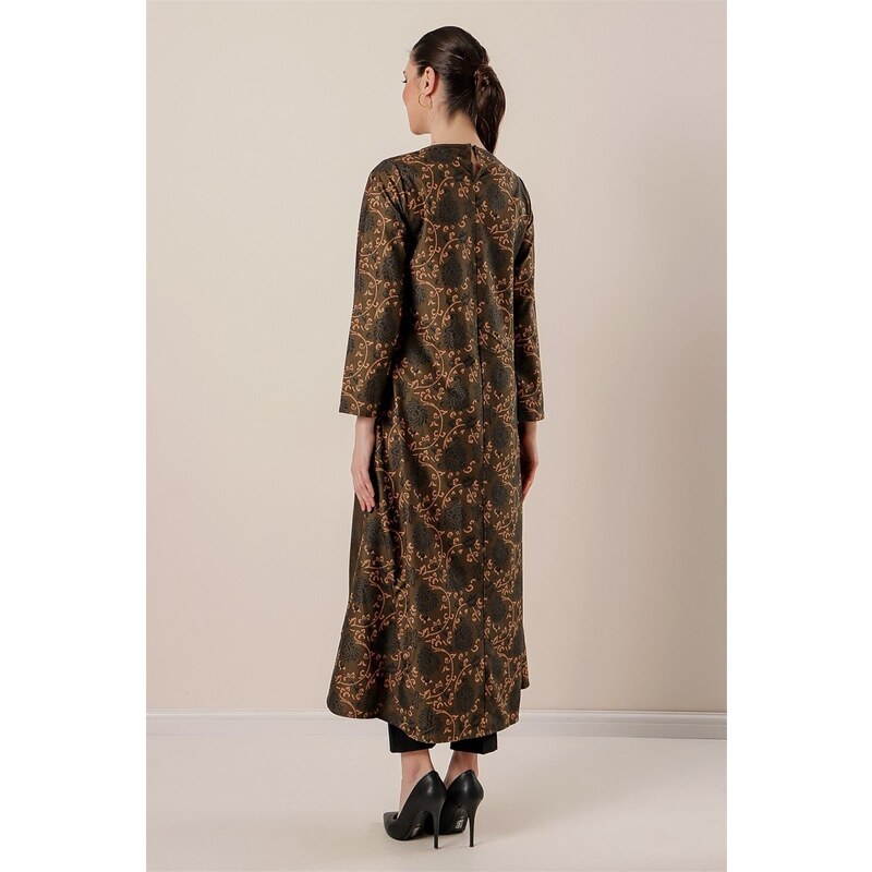 By Saygı Short Front, Long Back Patterned Oversize Sanded Suede Dress Khaki