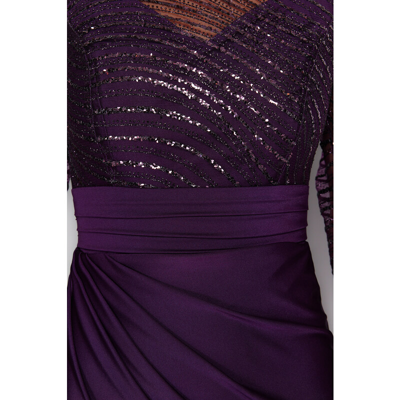 Trendyol Purple Tulle Detailed Knitted Elegant Evening Dress