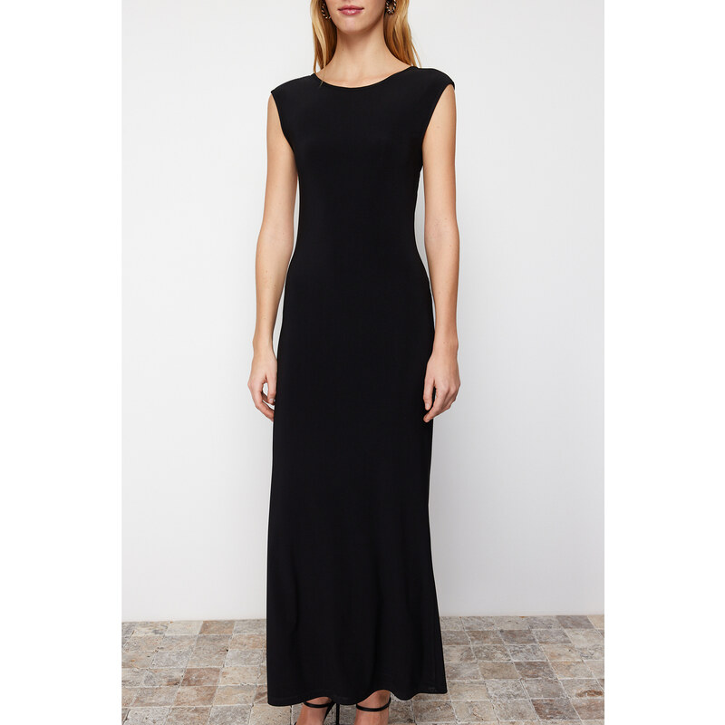 Trendyol Black Decollete Decollete Fitted Maxi Elastic Knitted Maxi Dress