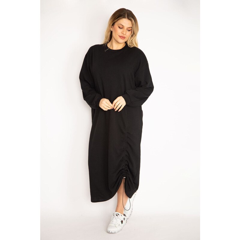 Şans Women's Plus Size Black Gathered Detailed Sweatshirt Dress