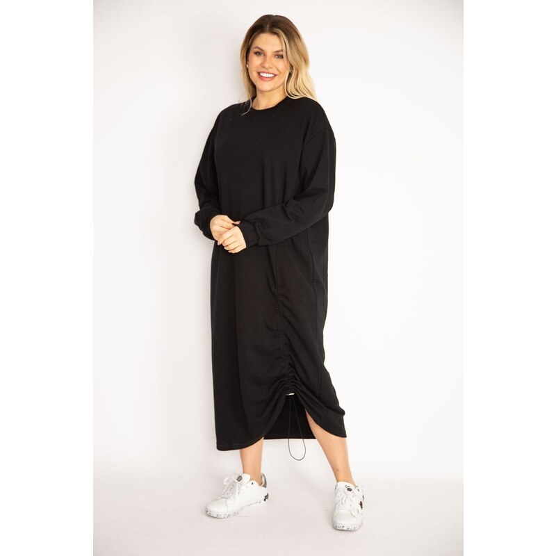 Şans Women's Plus Size Black Gathered Detailed Sweatshirt Dress