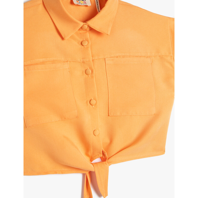 Koton Crop Shirt with Front Tie Detail, Short Sleeves and Pockets Modal Fabric