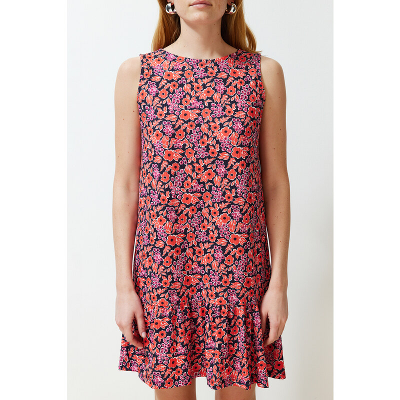 Trendyol Red Floral Printed Zero Sleeve Flounce Shift/Plain Ribbed Flexible Knitted Mini Dress