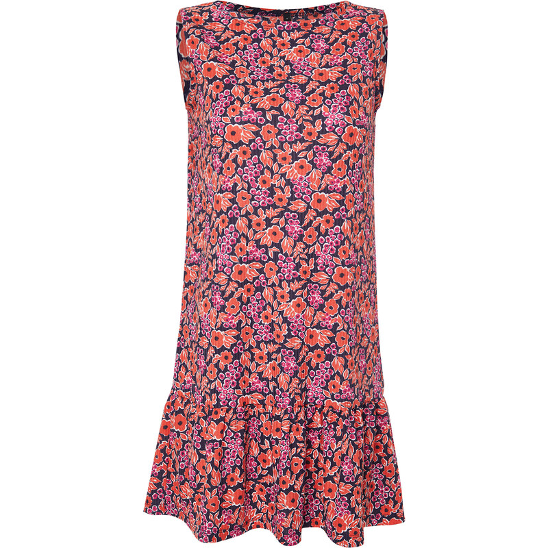 Trendyol Red Floral Printed Zero Sleeve Flounce Shift/Plain Ribbed Flexible Knitted Mini Dress