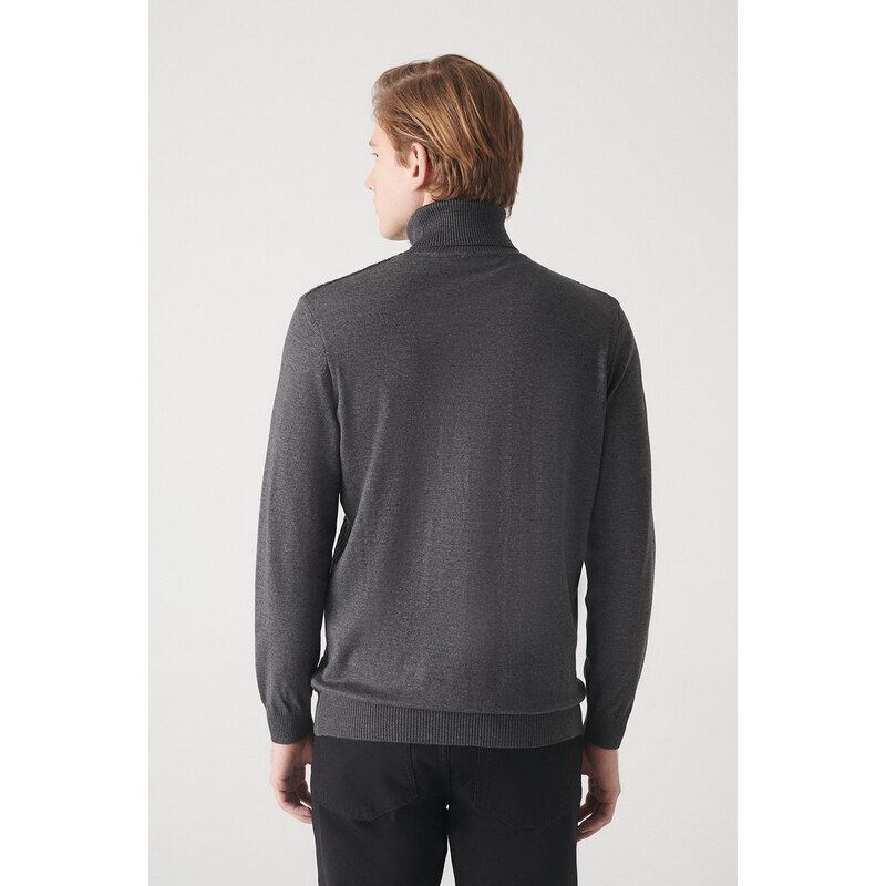 Avva Men's Anthracite Full Turtleneck Front Textured Cotton Regular Fit Knitwear Sweater